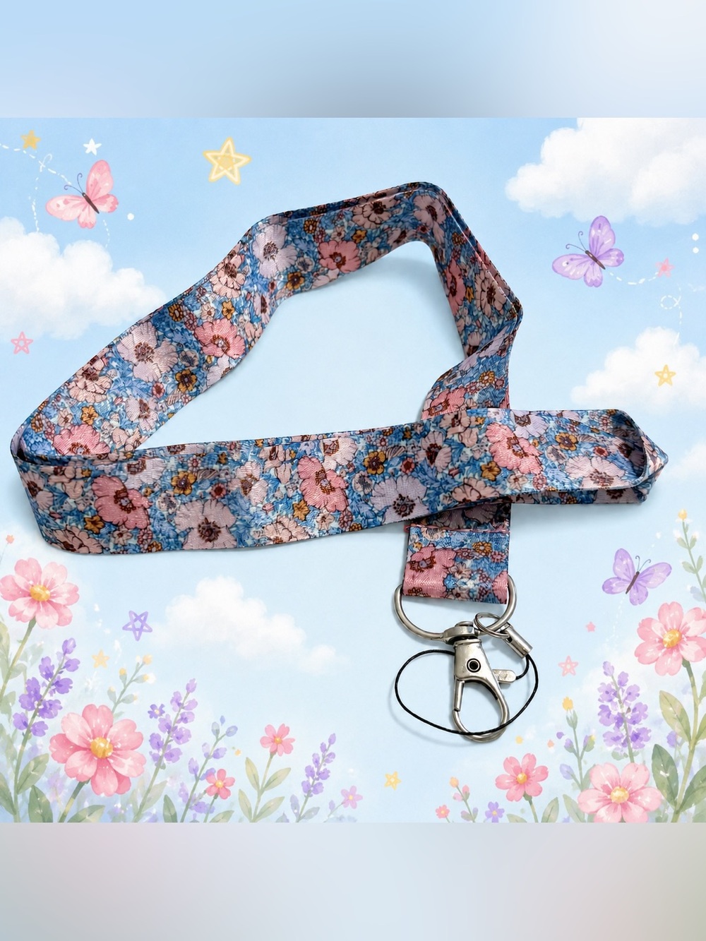 30” 🆕 Blue Floral Lanyard 🌸 Pretty ID & Key Holder